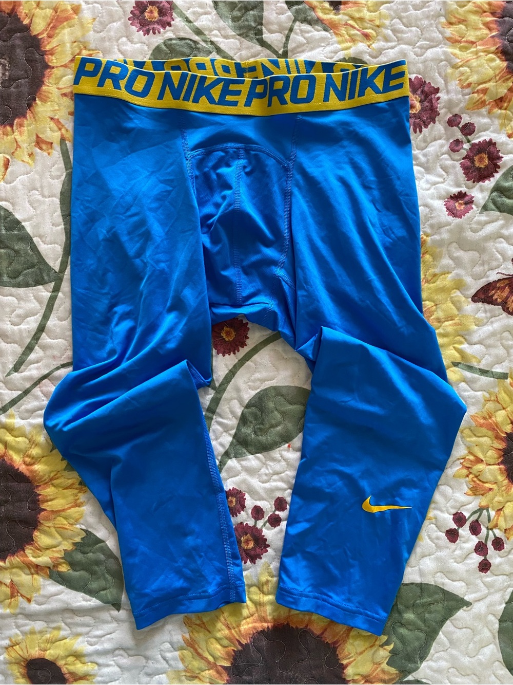 Nike Pro Bright Blue Compression Crop with Yellow Waistband